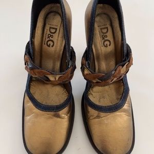 Dolce & Gabbana Gold /Denim /Suede braided Mary Jane heels. Size 40